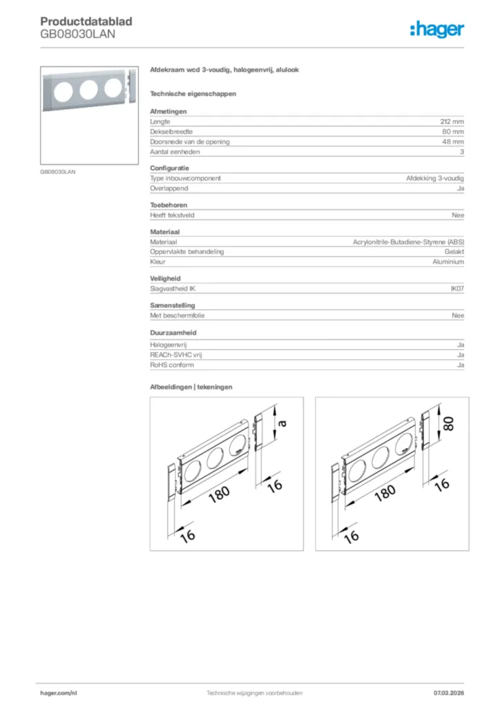 Afbeelding Hager Productdatablad GB08030LAN | Hager Nederland