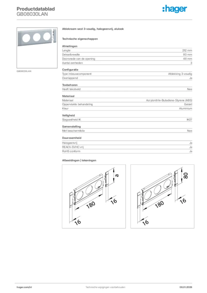 Afbeelding Hager Productdatablad GB08030LAN | Hager Nederland