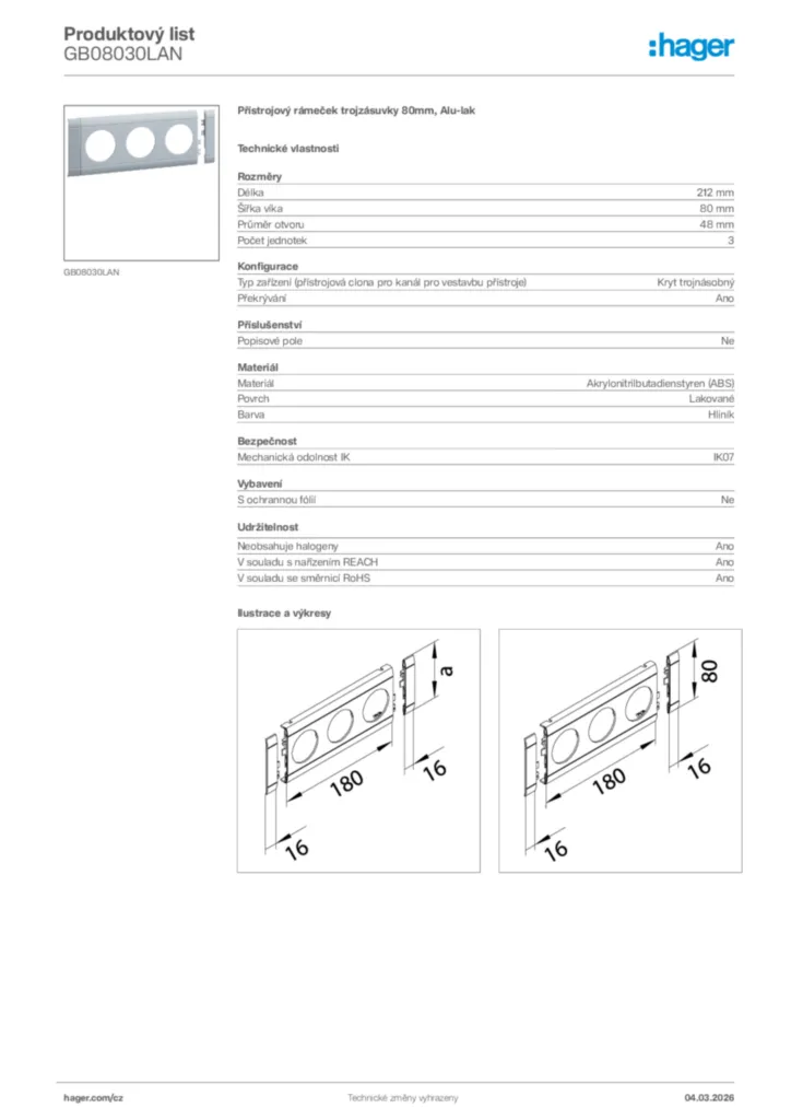 Obrázek Hager Product data sheet GB08030LAN | Hager