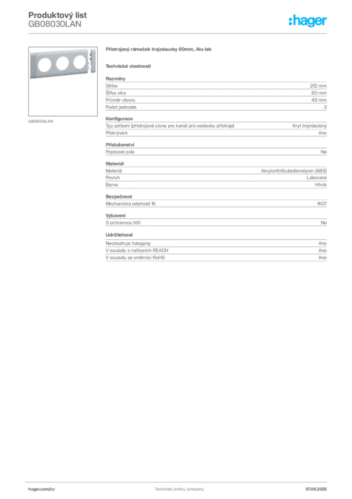 Obrázek Hager Produktový list GB08030LAN | Hager