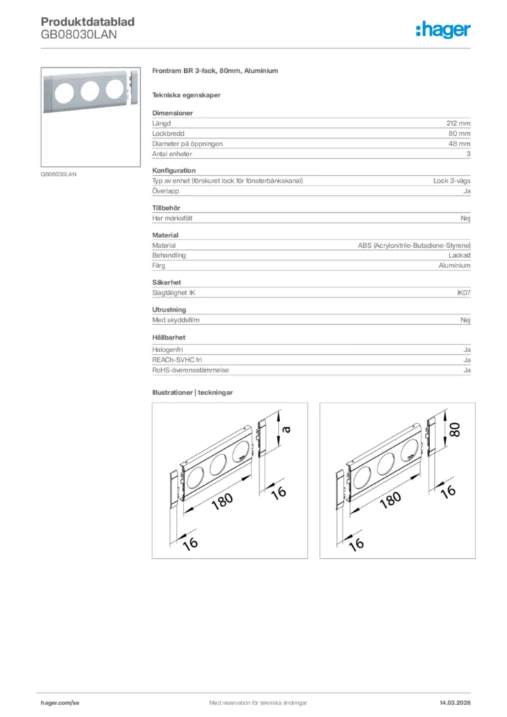 Bild Hager Produktdatablad GB08030LAN | Hager Sverige