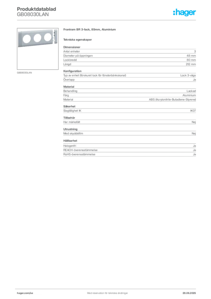 Bild Hager Produktdatablad GB08030LAN | Hager Sverige