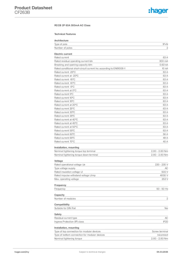 Image Hager Product data sheet CF263B  | Hager