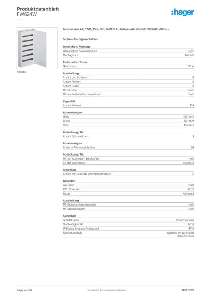 Bild Hager Produktdatenblatt FW624W | Hager Deutschland