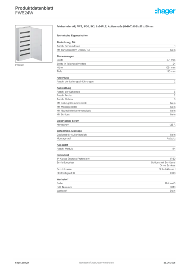 Bild Hager Produktdatenblatt FW624W | Hager Deutschland