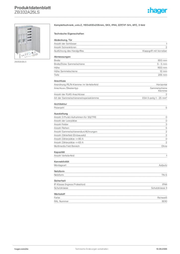 Bild Hager Produktdatenblatt ZB332A25LS | Hager Deutschland