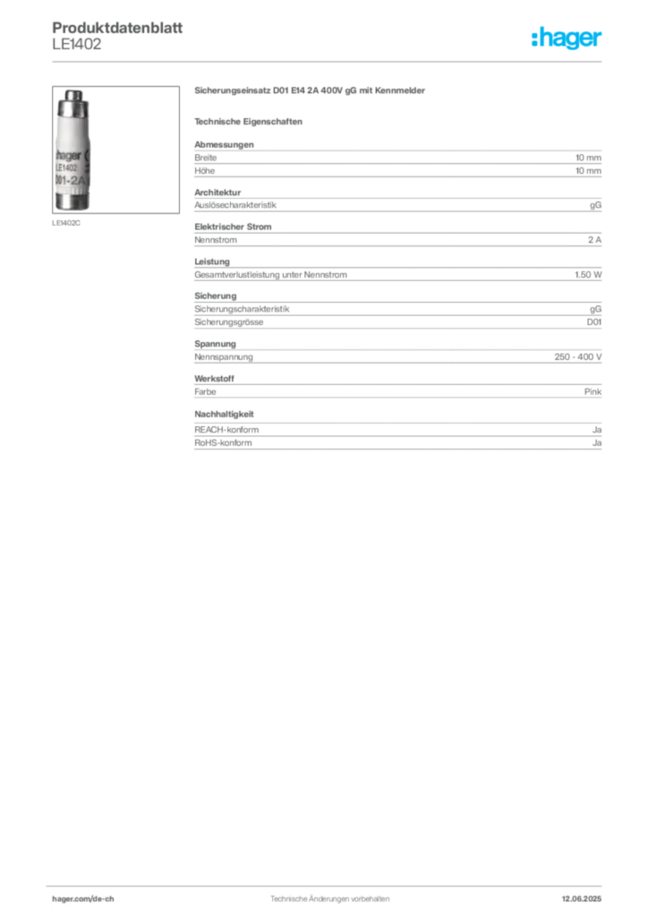 Bild Hager Produktdatenblatt LE1402 | Hager Schweiz
