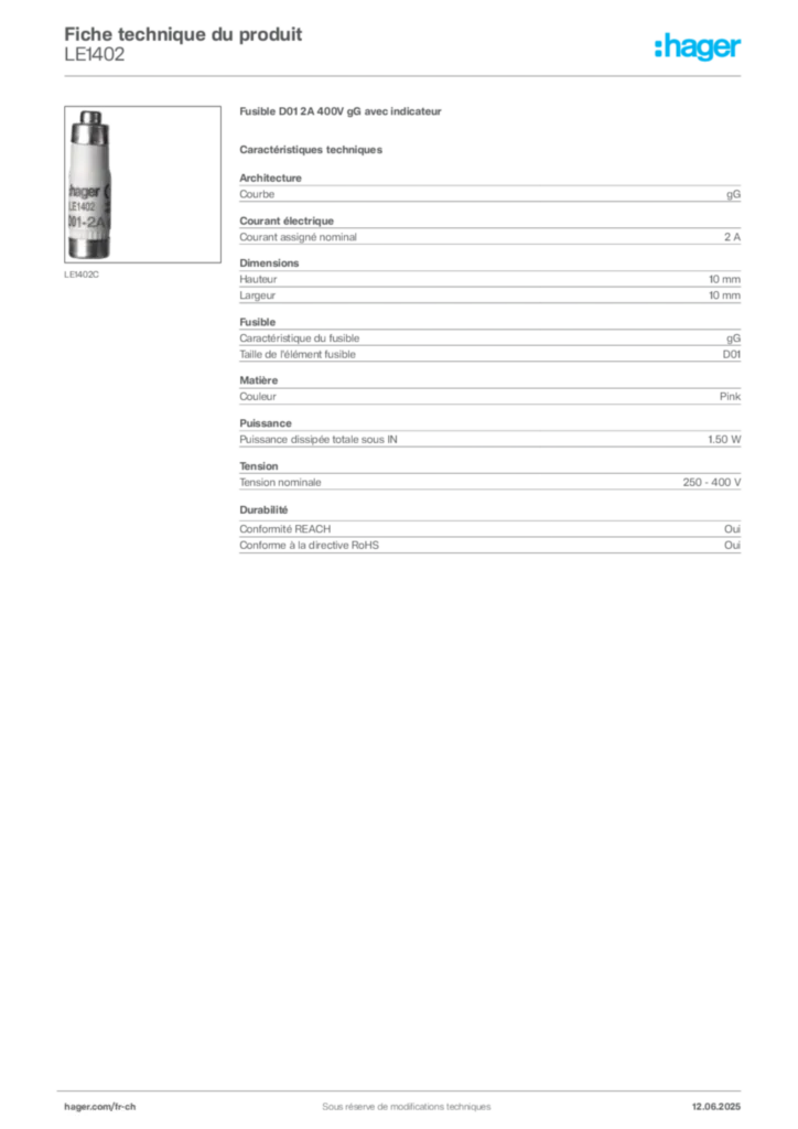 Image Hager Fiche technique du produit LE1402 | Hager Suisse