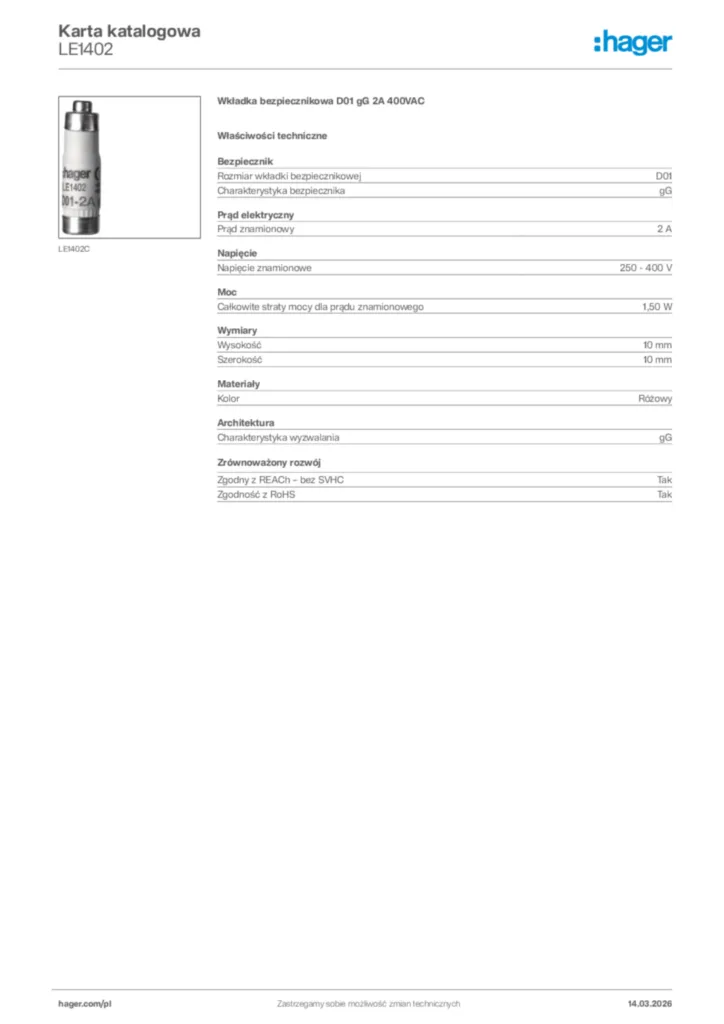 Zdjęcie Hager Karta katalogowa LE1402 | Hager Polska