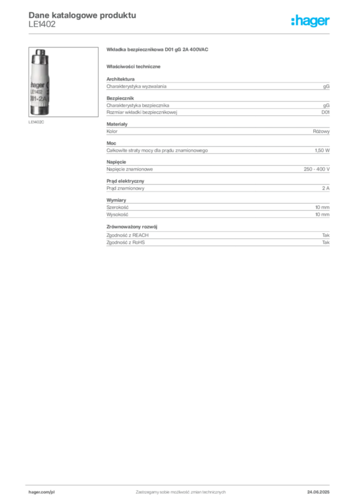 Zdjęcie Hager Karta katalogowa LE1402 | Hager Polska