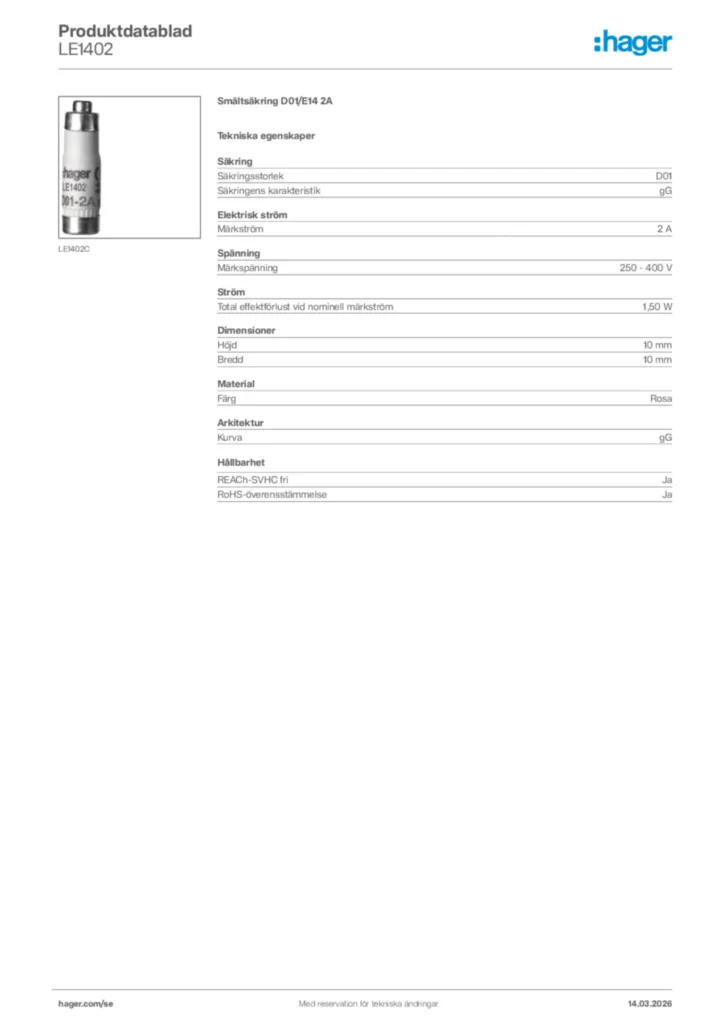 Bild Hager Produktdatablad LE1402 | Hager Sverige