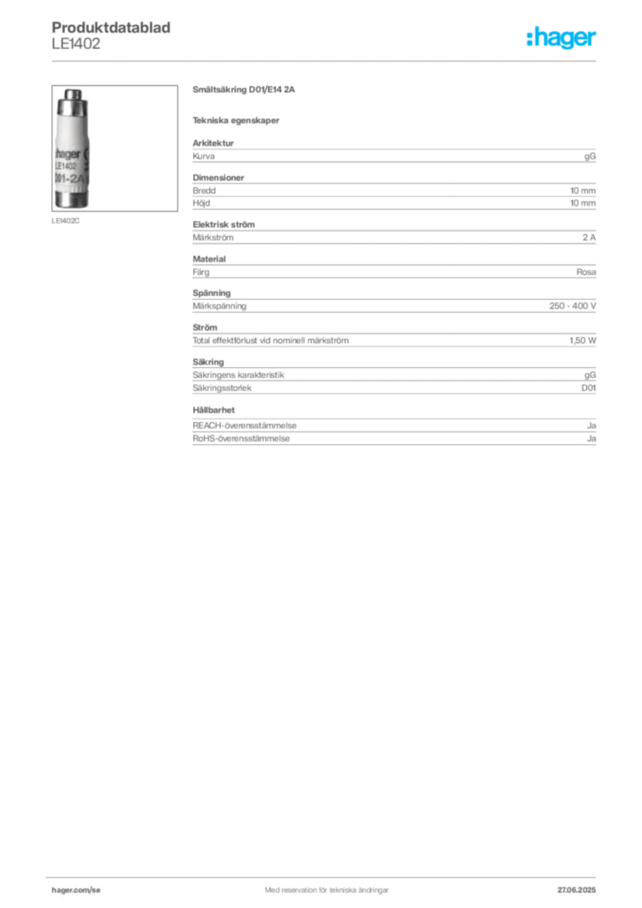 Bild Hager Produktdatablad LE1402 | Hager Sverige