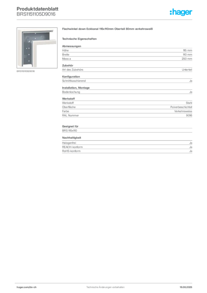 Bild Hager Produktdatenblatt BRS1151105D9016 | Hager Schweiz