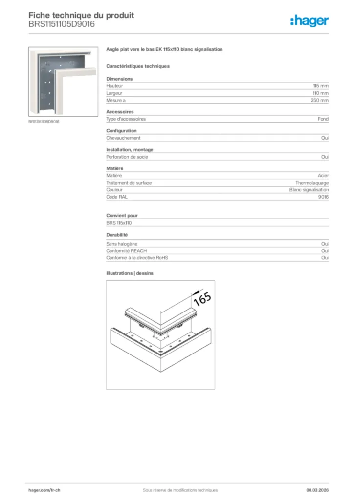 Image Hager Fiche technique du produit BRS1151105D9016 | Hager Suisse