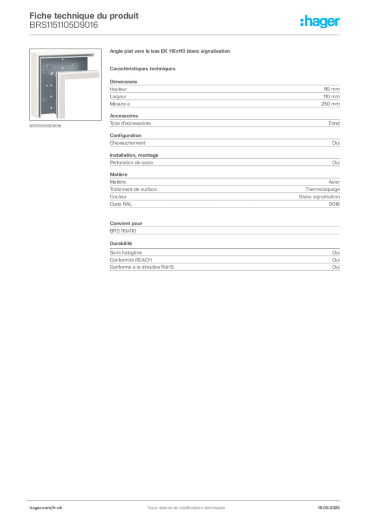 Image Hager Fiche technique du produit BRS1151105D9016 | Hager Suisse