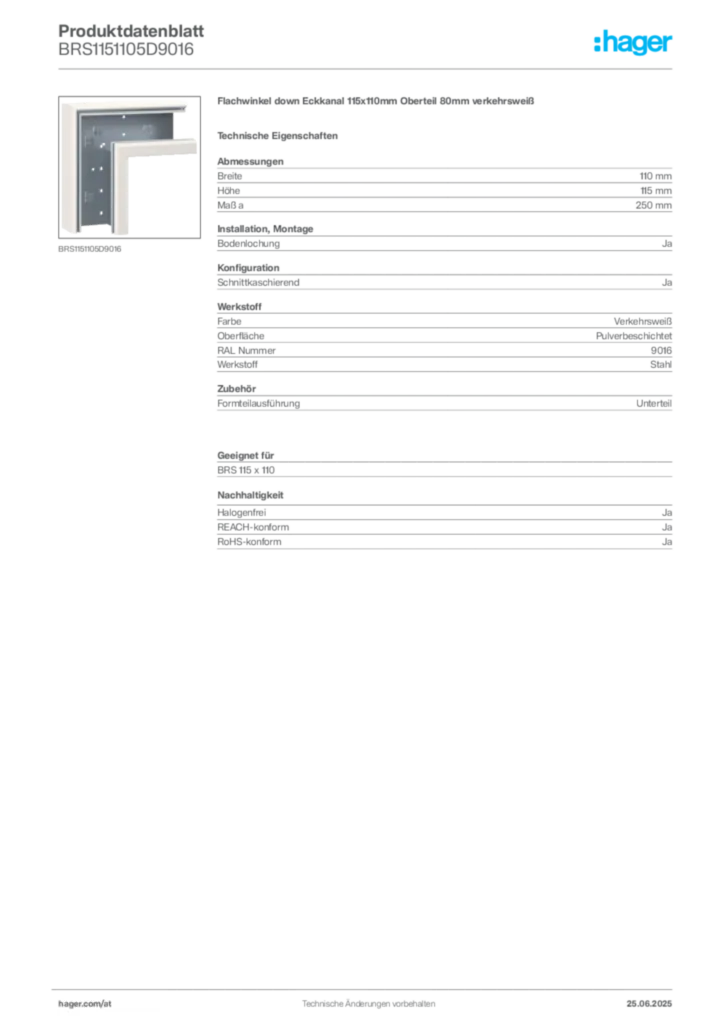 Bild Hager Produktdatenblatt BRS1151105D9016 | Hager Deutschland