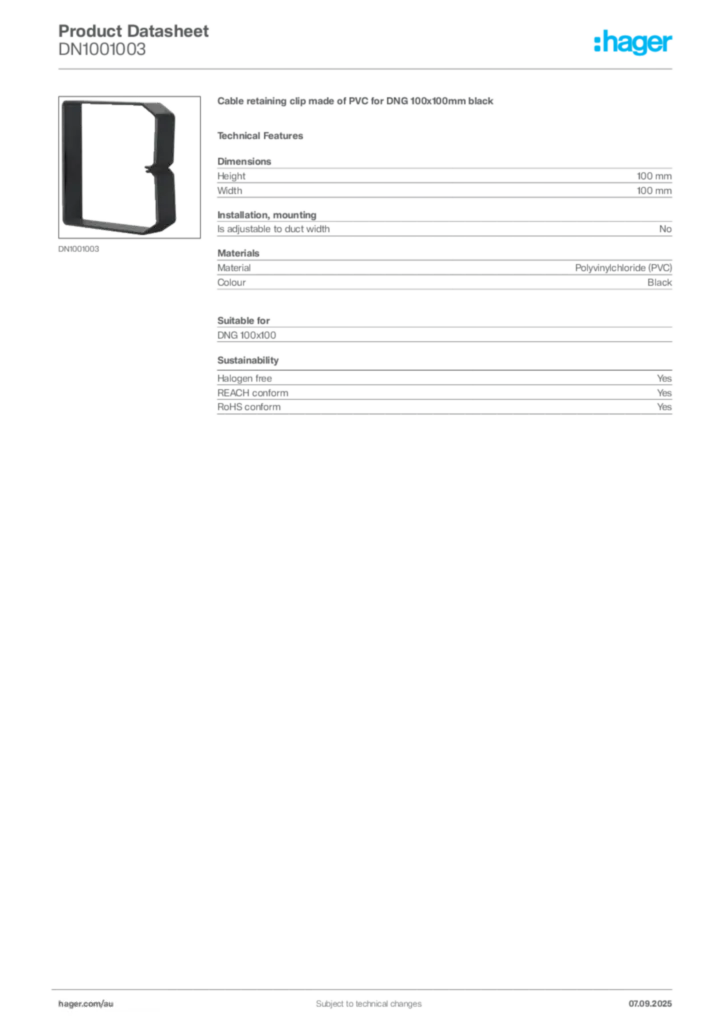 Image Hager Product data sheet DN1001003  | Hager Australia
