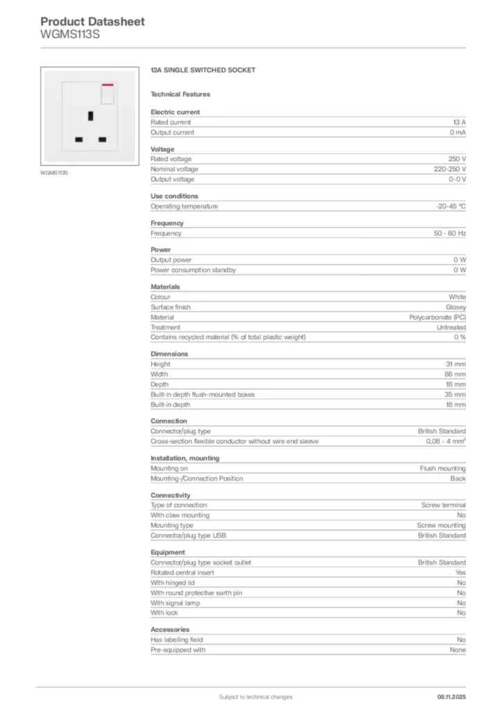 Image Hager Product data sheet WGMS113S  | Hager
