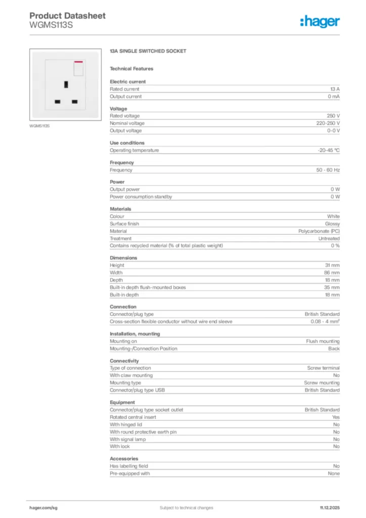 Image Hager Product data sheet WGMS113S  | Hager