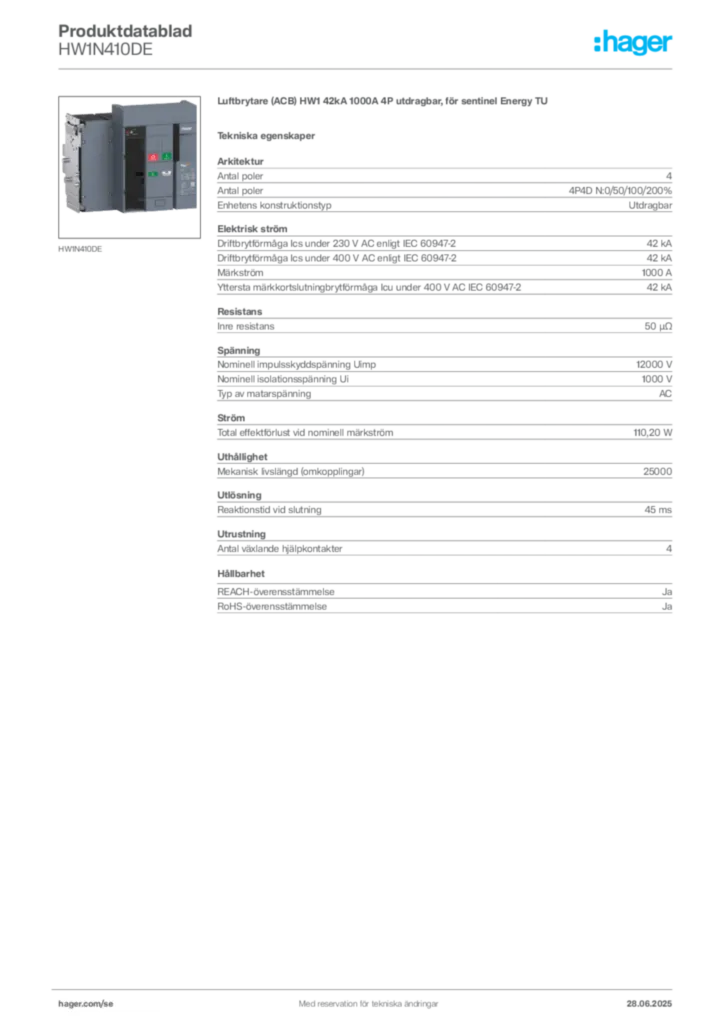 Bild Hager Produktdatablad HW1N410DE | Hager Sverige