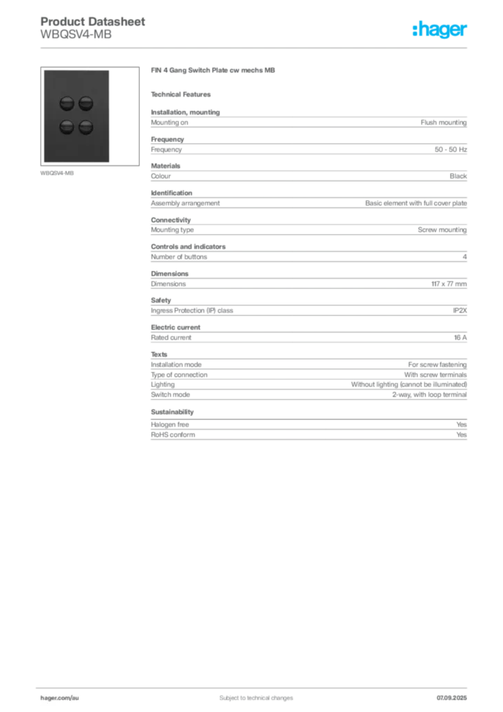 Image Hager Product data sheet WBQSV4-MB  | Hager Australia