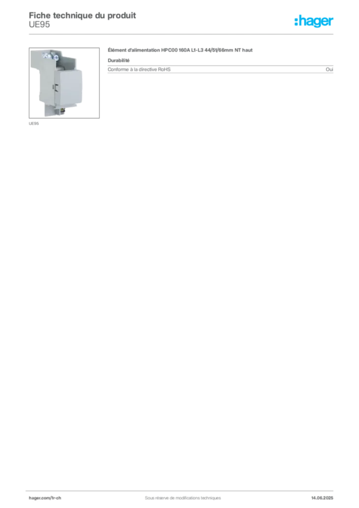 Image Hager Fiche technique du produit UE95 | Hager Suisse
