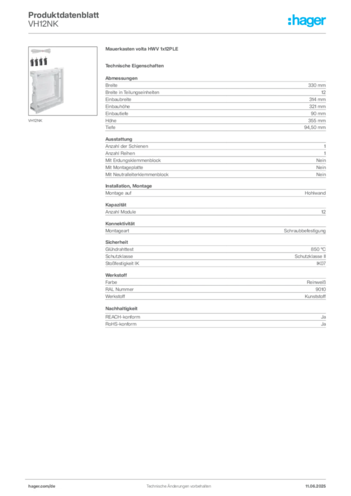 Bild Hager Produktdatenblatt VH12NK | Hager Deutschland