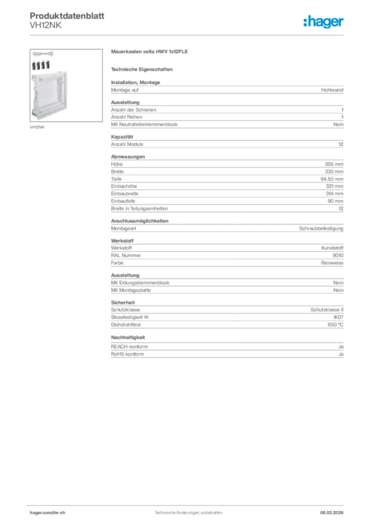 Bild Hager Produktdatenblatt VH12NK | Hager Schweiz