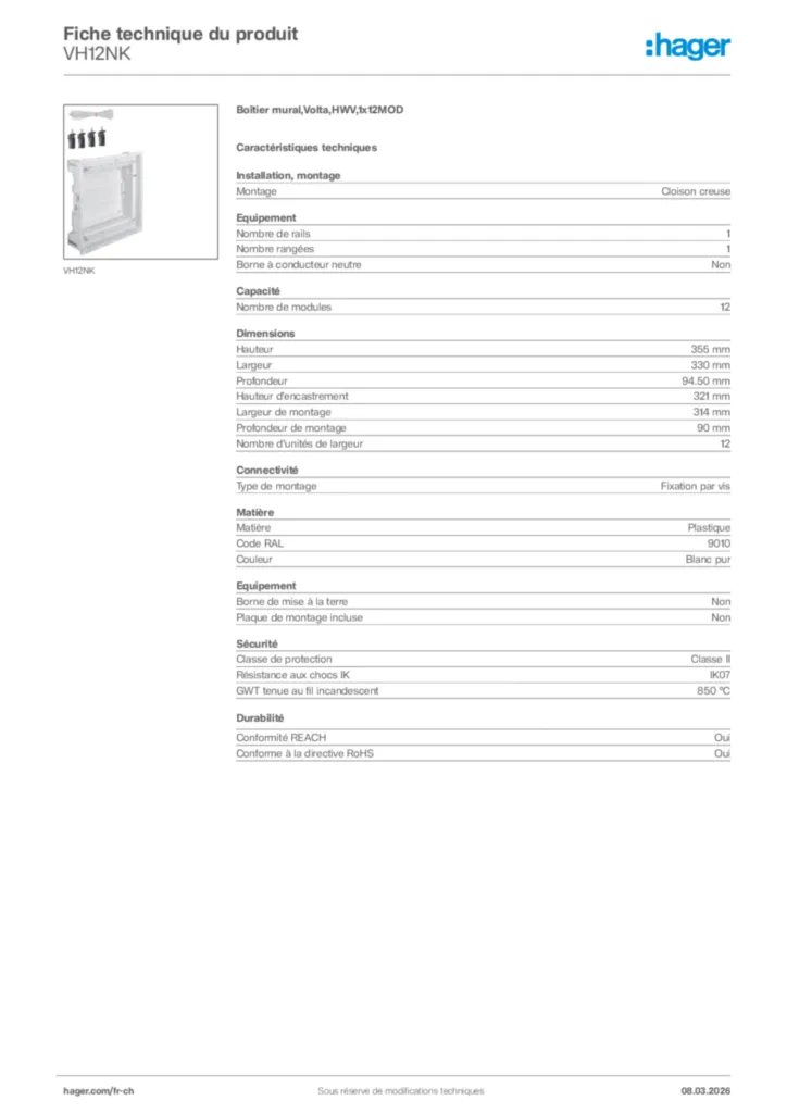 Image Hager Fiche technique du produit VH12NK | Hager Suisse