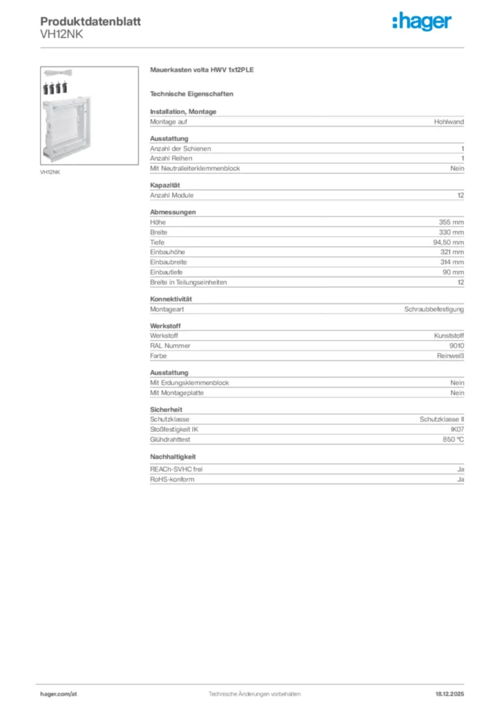 Bild Hager Produktdatenblatt VH12NK | Hager Deutschland