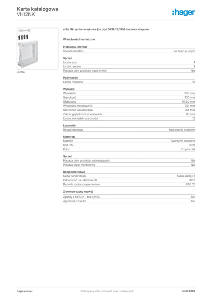 Zdjęcie Hager Karta katalogowa VH12NK | Hager Polska