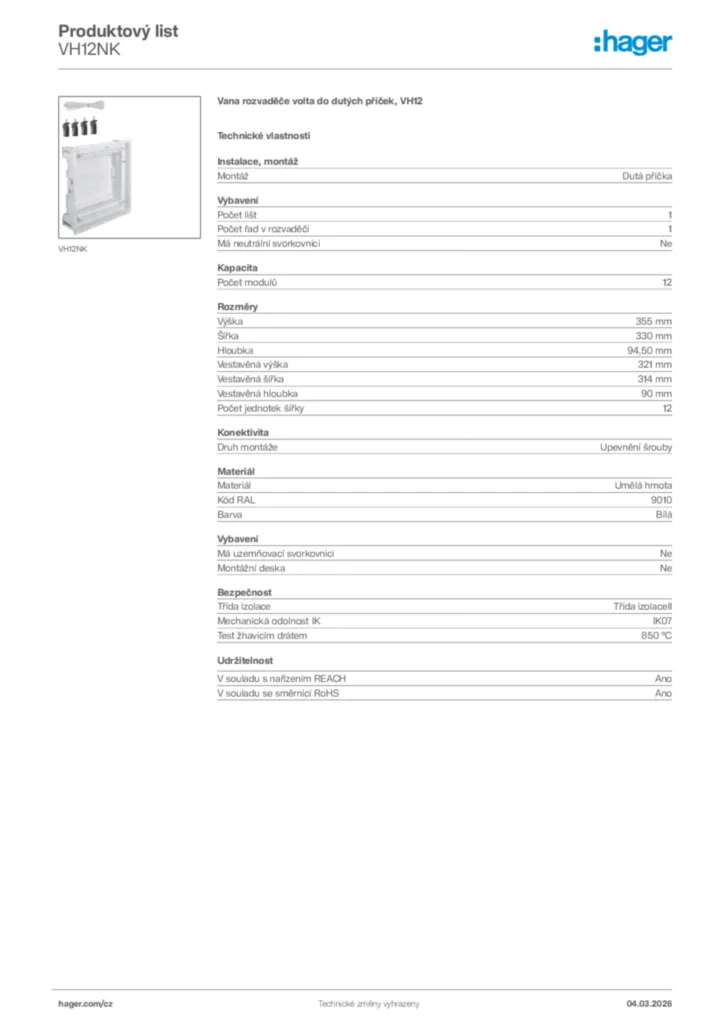 Obrázek Hager Product data sheet VH12NK | Hager