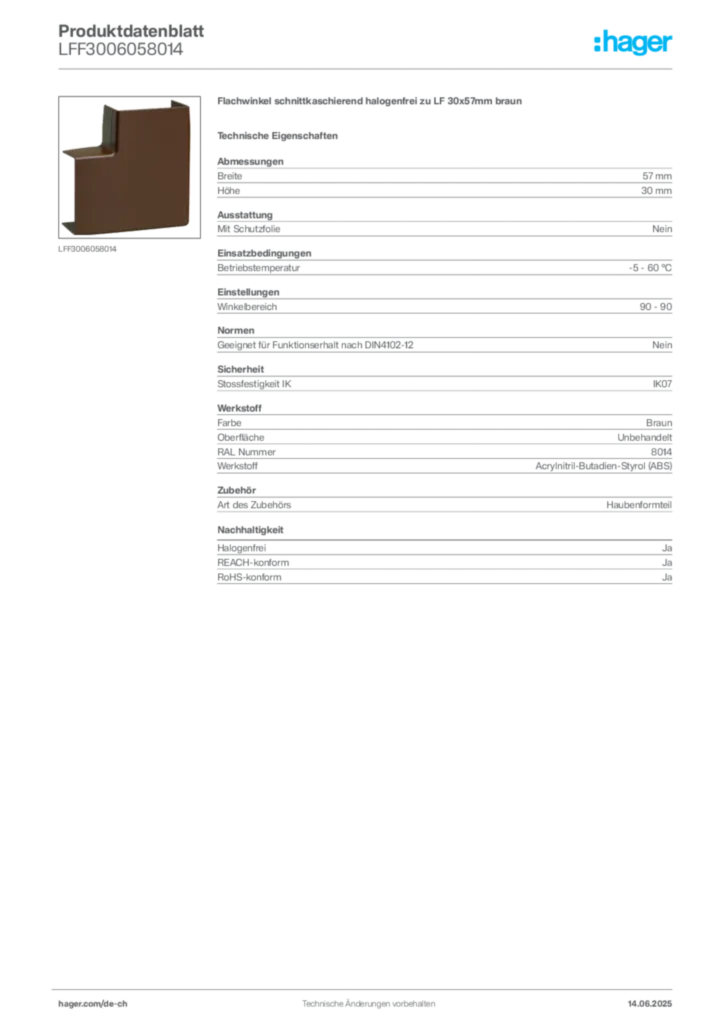 Bild Hager Produktdatenblatt LFF3006058014 | Hager Schweiz