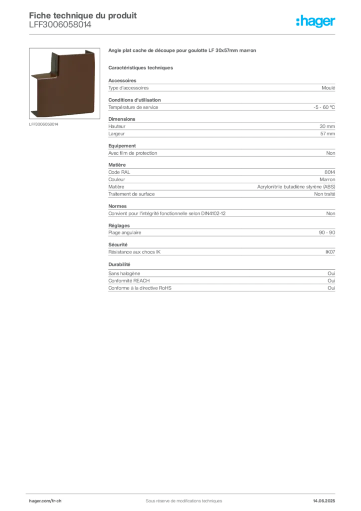 Image Hager Fiche technique du produit LFF3006058014 | Hager Suisse