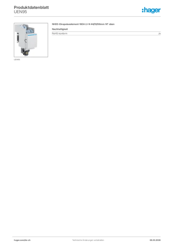 Bild Hager Produktdatenblatt UEN95 | Hager Schweiz