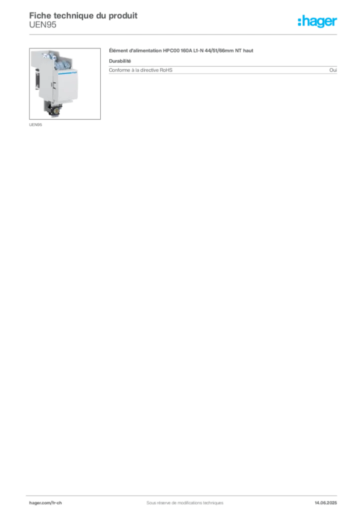 Image Hager Fiche technique du produit UEN95 | Hager Suisse