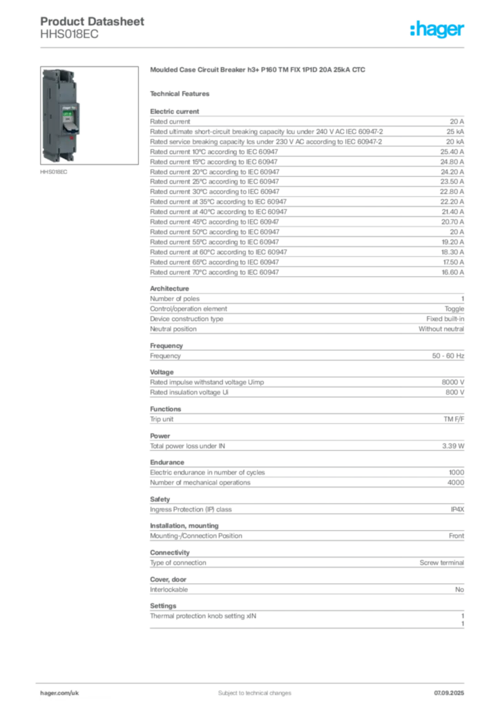 Image Hager Product data sheet HHS018EC  | Hager