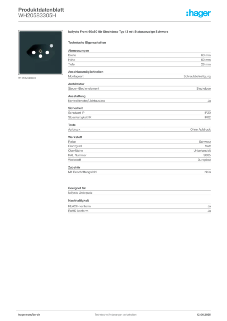 Bild Hager Produktdatenblatt WH20583305H | Hager Schweiz