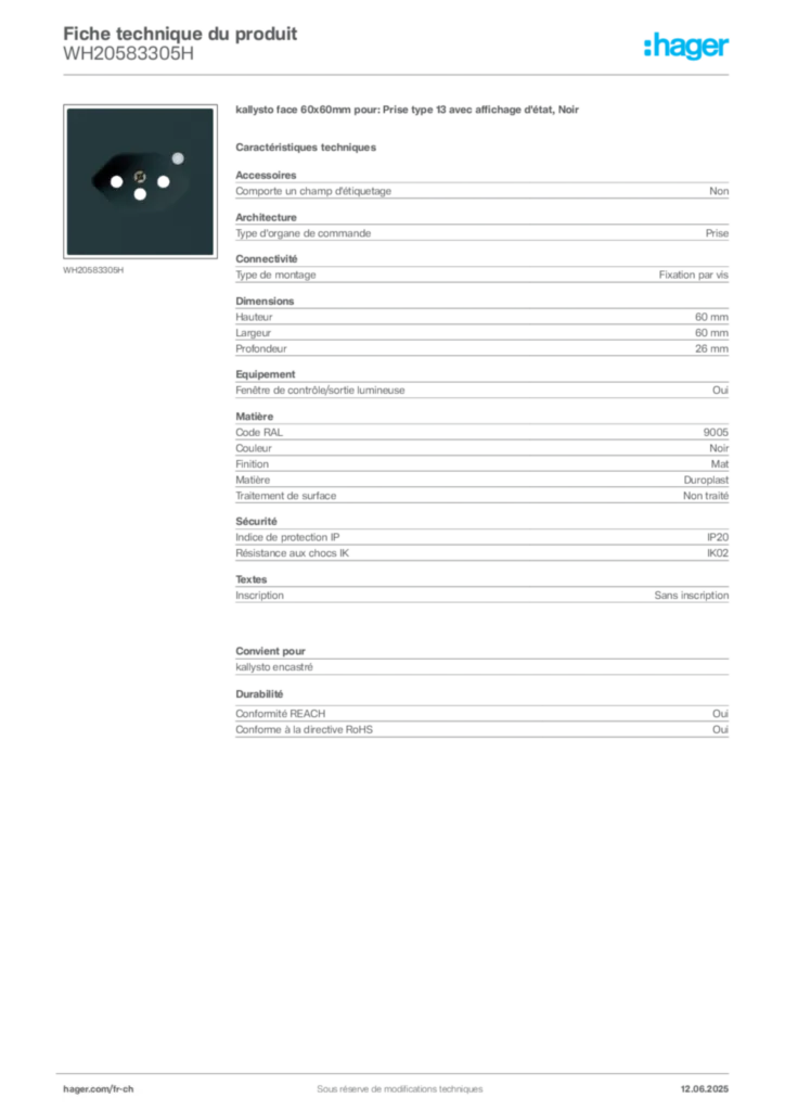 Image Hager Fiche technique du produit WH20583305H | Hager Suisse