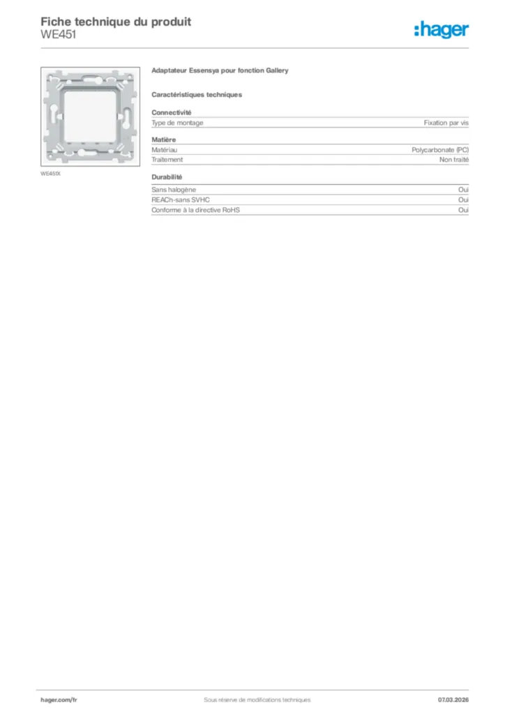 Image Hager Fiche technique du produit WE451 | Hager France