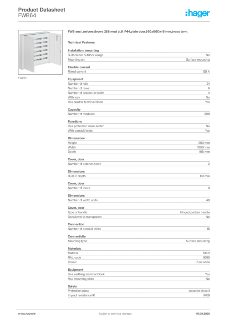 Image Hager Product data sheet FWB64  | Hager