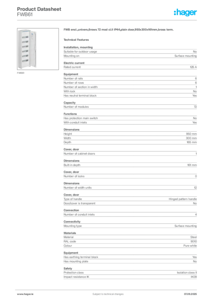 Image Hager Product data sheet FWB61  | Hager