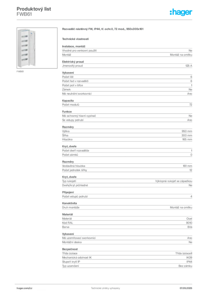 Obrázek Hager Produktový list FWB61 | Hager
