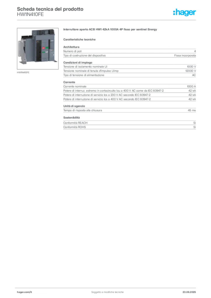Immagine Hager Scheda tecnica del prodotto HW1N410FE | Hager Italia
