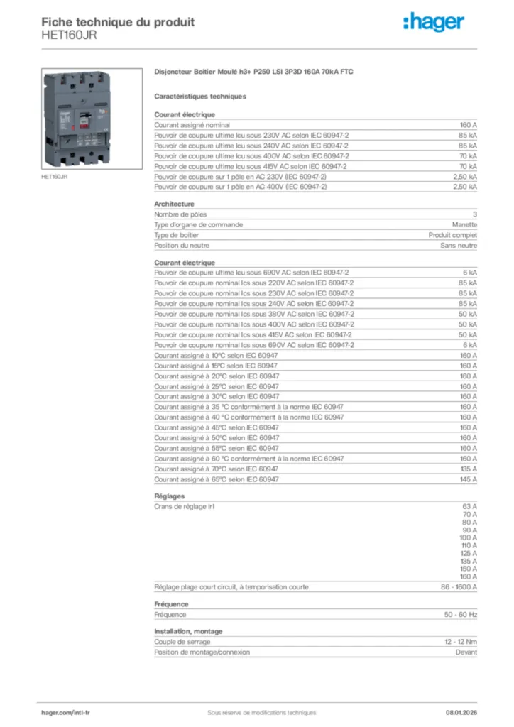 Image Hager Fiche technique du produit HET160JR | Hager Afrique