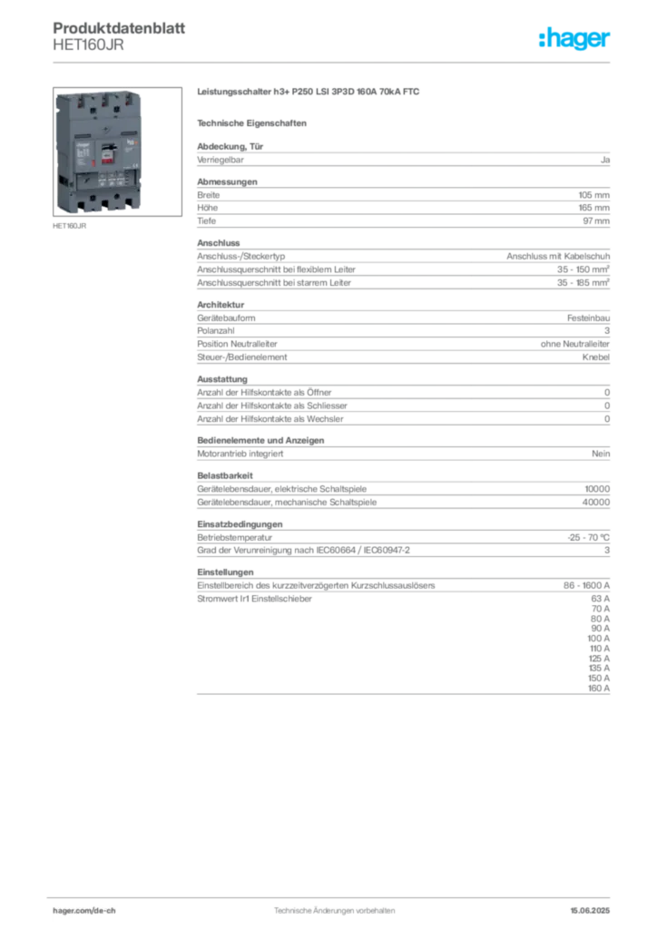 Bild Hager Produktdatenblatt HET160JR | Hager Schweiz