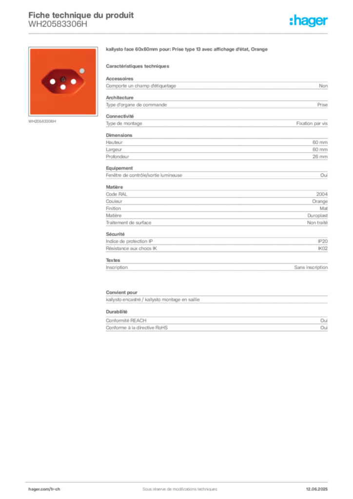 Image Hager Fiche technique du produit WH20583306H | Hager Suisse