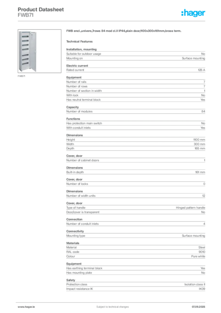 Image Hager Product data sheet FWB71  | Hager