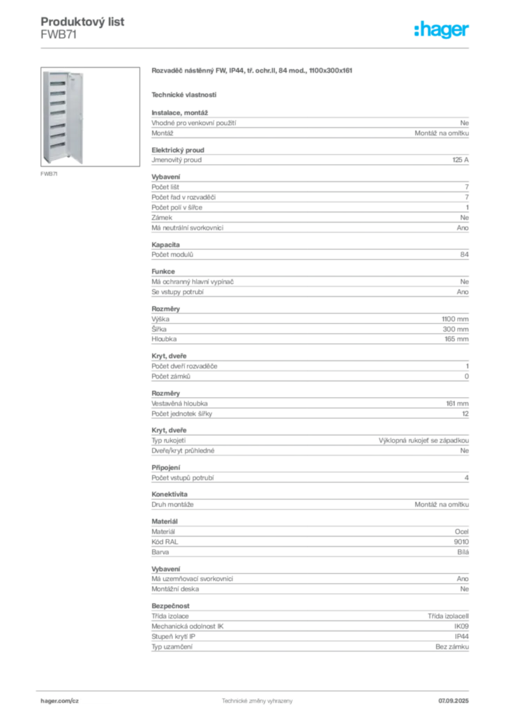 Obrázek Hager Produktový list FWB71 | Hager