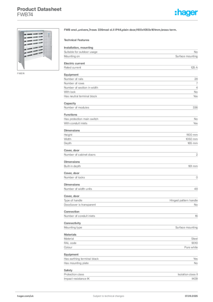 Image Hager Product data sheet FWB74  | Hager